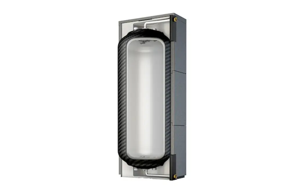 Pufferspeicher mit einem rechteckigen, schlanken Design aus grauem Material und einer transparenten Inhaltsanzeige, hergestellt von Roth.